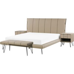 Beliani - Bedroom Set Beige Minimalist Side Tables Bench Bed eu King Size 5ft3 Betin - Beige