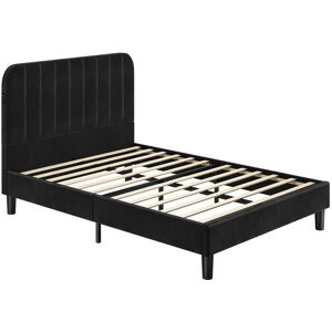 4ft6 Double Bed Frame Velvet Platform Bed Frame with Built-In usb Ports, Black - Yaheetech