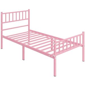 3ft Single Metal Bed Frame with Headboard and Footboard, 90190cm, Solid Slatted Base, Pink - Yaheetech