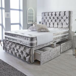 DIVAN BEDS UK Belmont Silver Crushed Velvet Divan with Airflow Spring Memory Mattress - 6FT Size / 2 Drawers (Left Side) / Crystal Buttons