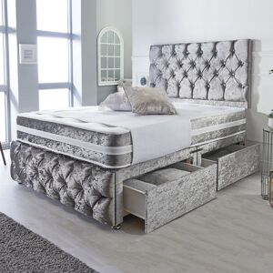 DIVAN BEDS UK Belmont Silver Crushed Velvet Divan with Airflow Spring Memory Mattress - 6FT Size / 2 Drawers (Right Side - As Image) / Crystal Buttons