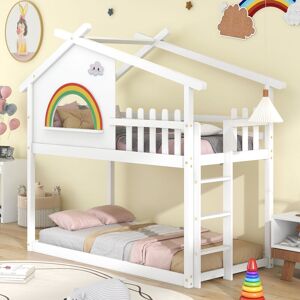 Modernluxe - Bunk bed House Bed 3FT Cabin Bed Frame, Mid-Sleeper with Treehouse Canopy & Ladder, Rainbow decoration, White (90x190cm)