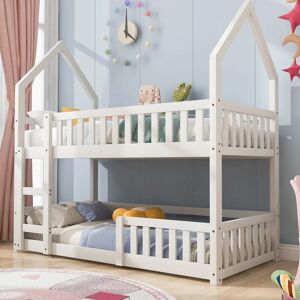 MODERNLUXE Bunk Bed House Bed Kid Bed 3FT Single bed Wooden Bed Frame for Kids with Ladder and Guard Rail 90x190 cm White