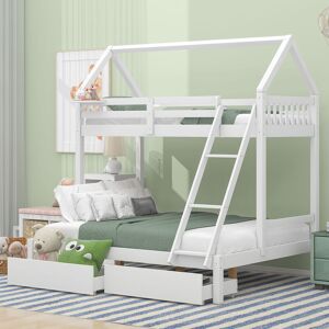 MODERNLUXE Bunk Bed with Ladder, Three Sleeper, 3FT Single, 4FT6 Double, with drawers and a shelf, Solid Pine Wood Frame, Kids Children, White (90x190cm,