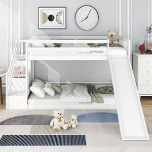 ABRIHOME Bunk Bed with Stairs and Slide, Solid Pine Wood Frame, Children Bed with 2 Drawers in the Steps,90x190cm, White