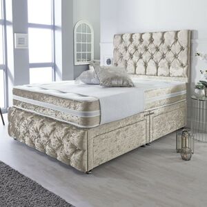 DIVAN BEDS UK Caspian Cream Crushed Velvet Divan with Airflow Spring Memory Mattress - 6FT Size / 4 Drawers / Crystal Buttons