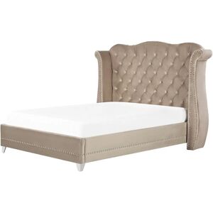 BELIANI Eu King Size Velvet Bed Frame 5ft3 Buttoned Nailhead Trim Slatted Taupe Ayette - Beige