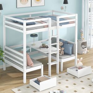 ABRIHOME Functional Loft Bed Frame, Upper Bed and Down Desk, Bunk Bed with Adjustable Tables, Cushion Sets for Bedroom, Dorm, Children Kids, White (90x190cm)