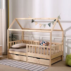 Furniture Hmd - Natural Kids Bed Single Bed Frame with 2 Storage Drawers,Pine Wood Children Bed with Grardrail - Natural