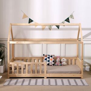 Furniture Hmd - Natural Single Bed Frame with 2 Storage Drawers,Pine Wood Children Bed with Grardrail - Natural