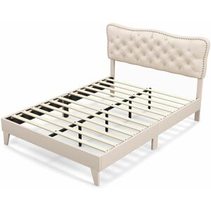 COSTWAY King Size Bed Frame Wooden Slat Bed Platform Upholstered Button Tufted Headboard