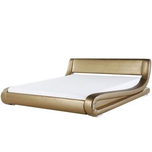 BELIANI Low Upholstered eu King Size Bed Frame 5ft3 Genuine Leather Gold Avignon - Gold