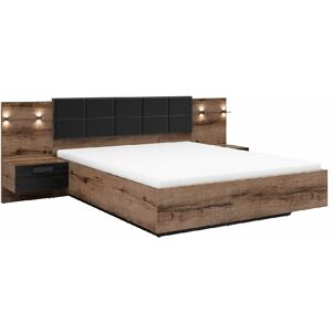 Impact Furniture - Luxury Super King Bed Frame with Padded Headboard led Lights usb Charges Bedside Cabinets Oak Black Kassel - Oak Finish / Black