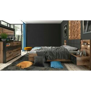 IMPACT FURNITURE Super King Size Bed Luxury Euro Frame with Bedsides Cabinet led Lights & Sideboard Oak Black Bedroom Furniture Kassel - Oak Finish / Black