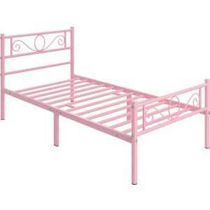 3ft Single Iron Platform Bed with Scroll Design Headboard and Footboard, Pink - Yaheetech