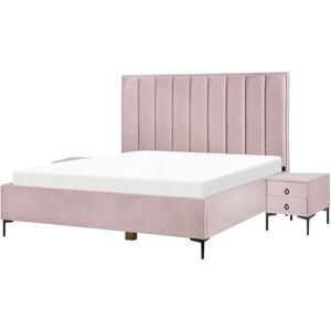 BELIANI Modern Bedroom Set eu Double 4ft6 Bed Bedside Tables Pink Velvet Sezanne - Pink