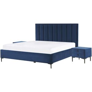 Beliani - Modern Bedroom Set eu King Size 5ft3 Bed Bedside Tables Blue Velvet Sezanne - Blue