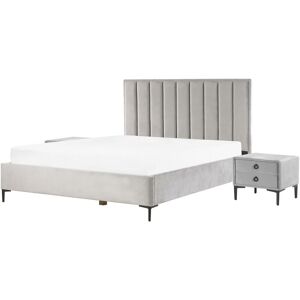 BELIANI Modern Bedroom Set EU Super King 6ft Bed Bedside Tables Grey Velvet Sezanne - Grey