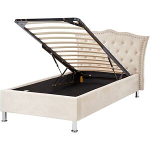 BELIANI Modern Velvet EU Single Size Bed Frame with Storage Tufted Headboard Beige Metz - Beige