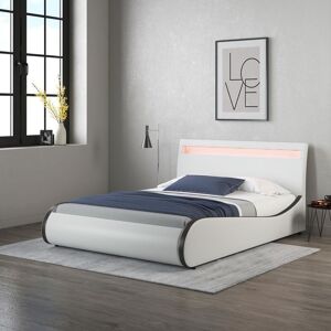 SLUMBERWORX ORION LED LIGHTS HEADBOARD FAUX LEATHER SMALL DOUBLE BED FRAME White with Black - White