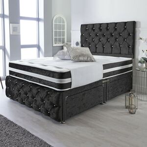 DIVAN BEDS UK Orlando Black Crushed Velvet Divan with Airflow Spring Memory Mattress - 6FT Size / 2 Drawers (Left Side) / Crystal Buttons