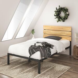 Single Metal Bed Frame with Wooden Slatted Headboard 90x190 cm Zinus Black