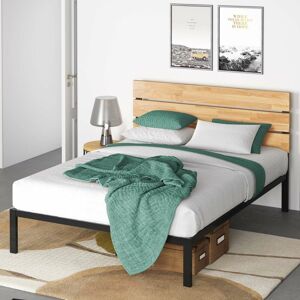 Double Metal Bed Frame with Wooden Slatted Headboard 135x190 cm Zinus Black
