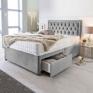 DIVAN BEDS UK Rayshon Silver Plush Velvet Divan Bed Set with Button Headboard - 6FT Size / 4 Drawers / Spring Memory Foam Mattress / Crystal Buttons