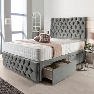 DIVAN BEDS UK Sinclair Divan Bed Set with Tall Button Headboard and Footboard - 6FT Size / 2 Drawers (Right Side - As Image) / No Mattress / Crystal Buttons