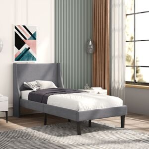 ABRIHOME Single Bed Soft Linen Grey 3FT Upholstered Bed with Winged Headboard, Wood Slat Support