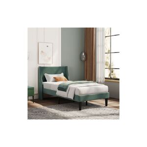 ABRIHOME Single Bed Velvet Dark Green 3FT Upholstered Bed with Winged Headboard, Wood Slat Support