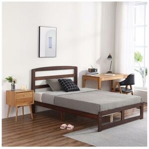 FAMIHOLLD Single-Layer Bed Head and Three Horizontal Boards Walnut Color 5FT Wooden Bed Pine Europe