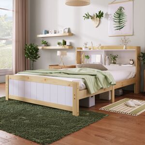 ABRIHOME Solid Wooden Bed Frames, Double Storage Headboard Bed, 4FT6 Double (135 x 190 cm)