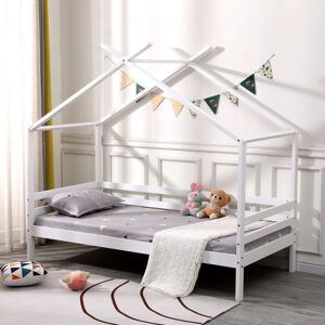 SLUMBERWORX Teddy kids wooden house treehouse single bed frame White with Mattress - White