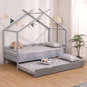 SLUMBERWORX Teddy kids wooden house treehouse single bed with guest trundle bed Grey with 2 x Mattresses - Grey