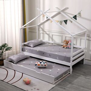 SLUMBERWORX Teddy kids wooden house treehouse single bed with guest trundle bed White with 2 x Mattresses - White