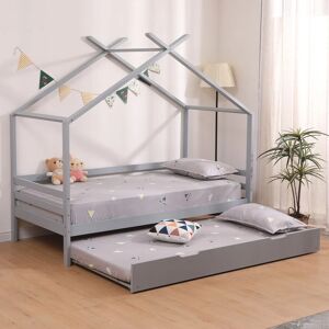 SLUMBERWORX Teddy kids wooden house treehouse single bed with guest trundle bed Grey - Grey