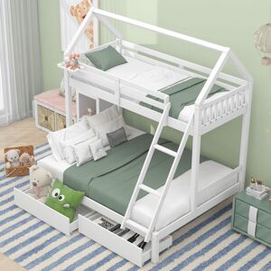 ABRIHOME Triple Bunk Bed with Ladder, Three Sleeper, 3FT Single, 4FT6 Double, with Drawers and a Shelf, Solid Pine Wood Frame, Kids Children, White (90x190cm,