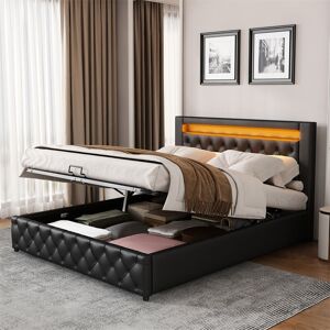 ABRIHOME Upholstered Bed 135 x 190 cm with Slatted Frame and Storage Space, led Lighting in Different Colors, Black, pu