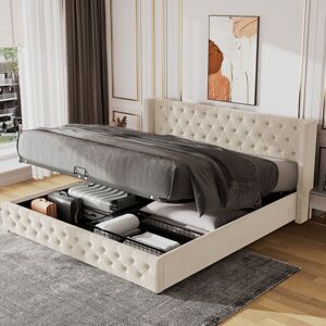 ABRIHOME Upholstered Bed with Hydraulic Lever, Functional Bed from Storage, 150 x 200 cm, without Mattress, Velvet, Beige