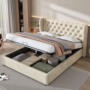 ABRIHOME Upholstered Bed, with Hydraulic Lever, Functional Storage Bed Frame, Without Mattress, Velvet, Beige, 135 x 190 cm