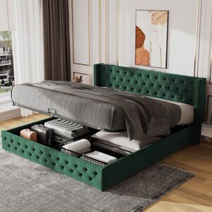 ABRIHOME Upholstered Bed, with Hydraulic Lever, Functional Storage Bed Frame, Without Mattress, Velvet, Green, 135190 cm
