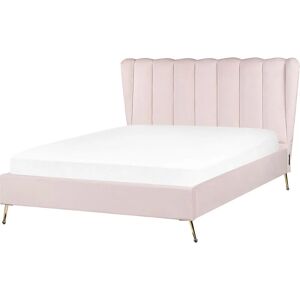 Beliani - Velvet Fabric eu Double Size Bed Frame 4ft6 Headboard with usb Port Gold Metal Legs Pink Miribel - Pink