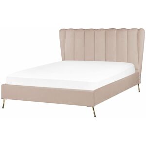 Beliani - Velvet Fabric eu Double Size Bed Frame 4ft6 Headboard with usb Port Gold Metal Legs Taupe Miribel - Beige