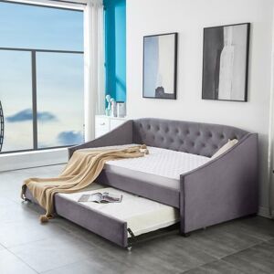 KOSY KOALA Velvet Grey Daybed 3FT Single Sofa Bed With Underbed Trundle Living Room Bedroom Furniture - With 2 Mattresses