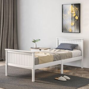 QHJ White Retro Pine Wood Bed Frame Wooden with Headboard and Footboard Kids Bedroom Furniture