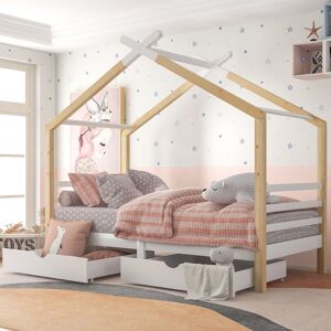 MODERNLUXE 3 ft Single Bed Frame Kid House Bed with Storage Two Drawers Tree House Solid Pine Wood 90x190 cm White and Natural