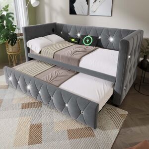 MODERNLUXE 3FT Daybed Single Upholstered Bed Sofa Bed with usb &Type c Charging, with Trundle, Pull out Trundle for Living Room and Bedroom, Velvet , 90x190cm,
