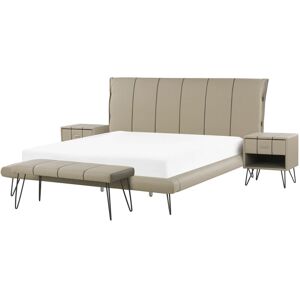 Beliani - Bedroom Set Beige Minimalist Side Tables Bench Bed eu Super King Size 6ft Betin