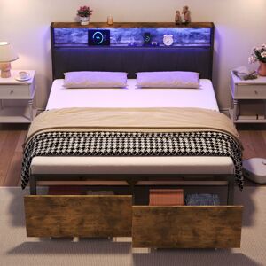 Modernluxe - 4ft6 Double Bed Frame with 2 Storage Drawers, led Storage Headboard with Charging Station, Metal Platform Bed Frame, Black+Walnut (No